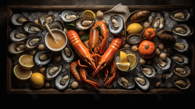 丰盛的海鲜大餐拼盘俯视图暗色桌面背景,高清,摄影图,摄影图片,图片大全,摄影图免费下载